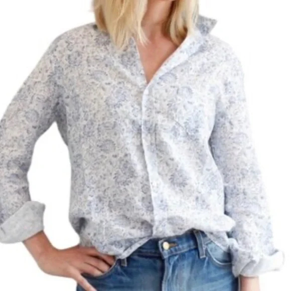 Frank & Eileen 100% Linen Paisley Long Sleeve Button-Up Shirt Blue White M